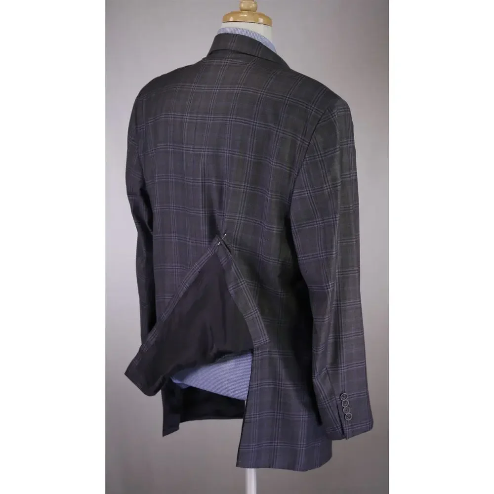 G. Manzoni Gray Blue Windowpane Super 130's Wool Sportcoat Blazer 46R
